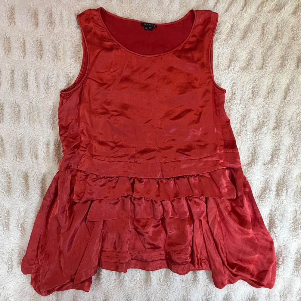 Theory Rikyo Polymembrane Red Satin Tiered Ruffle Peplum Sleeveless Blouse M
